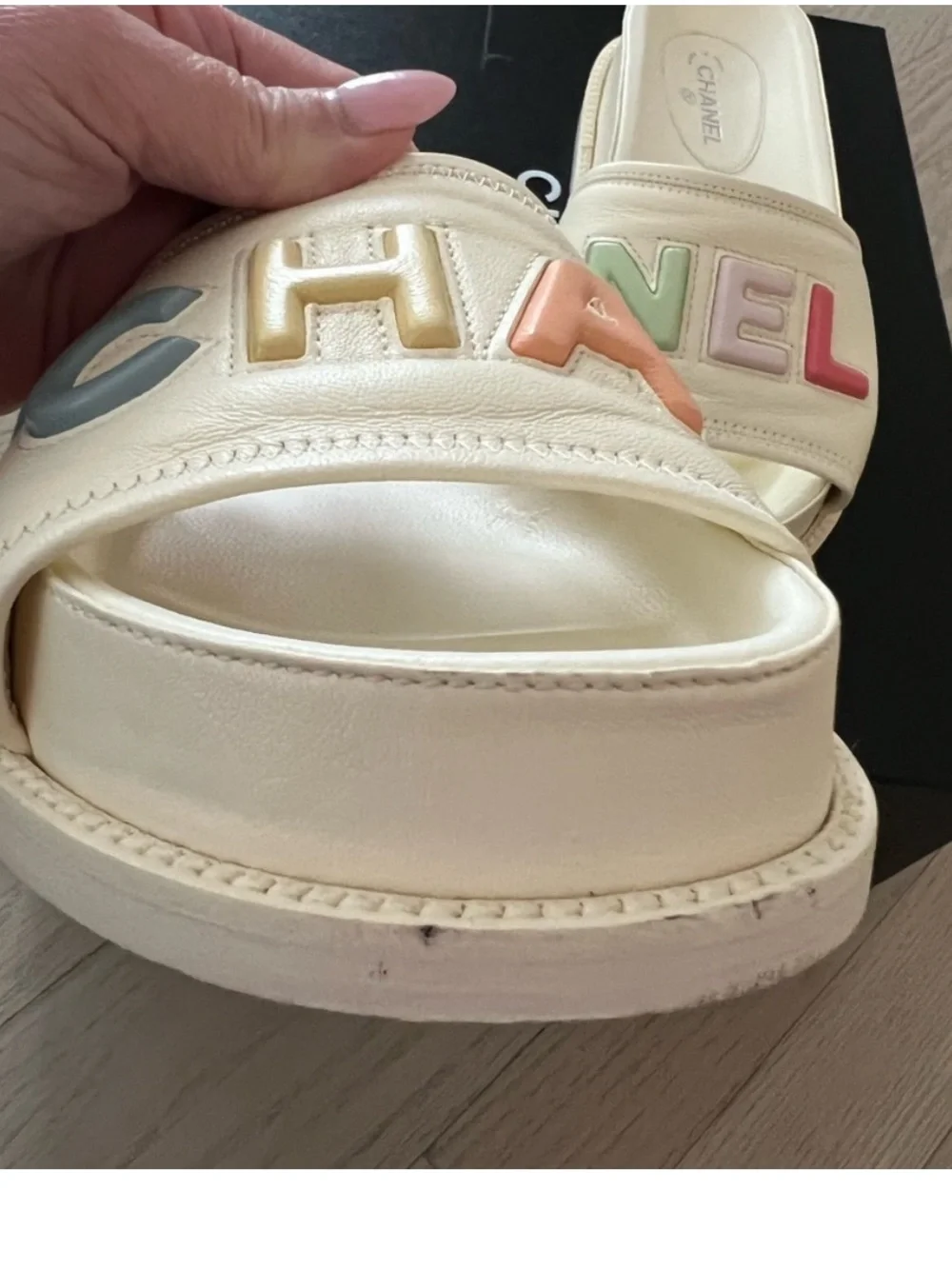 CHANEL Cream Leather Slide Sandals with Pastel Multicolor Logo